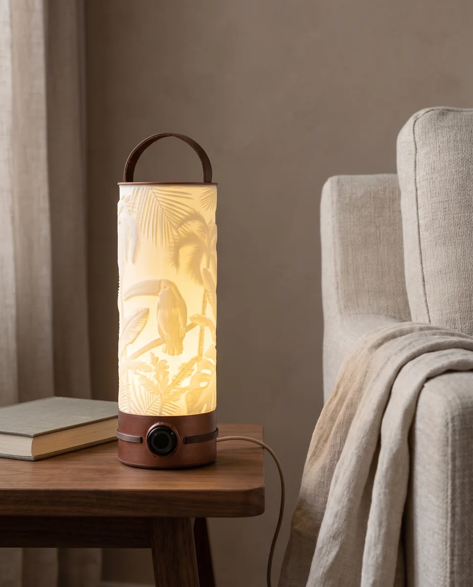 Botanical relief lamp on a table beside a linen chair