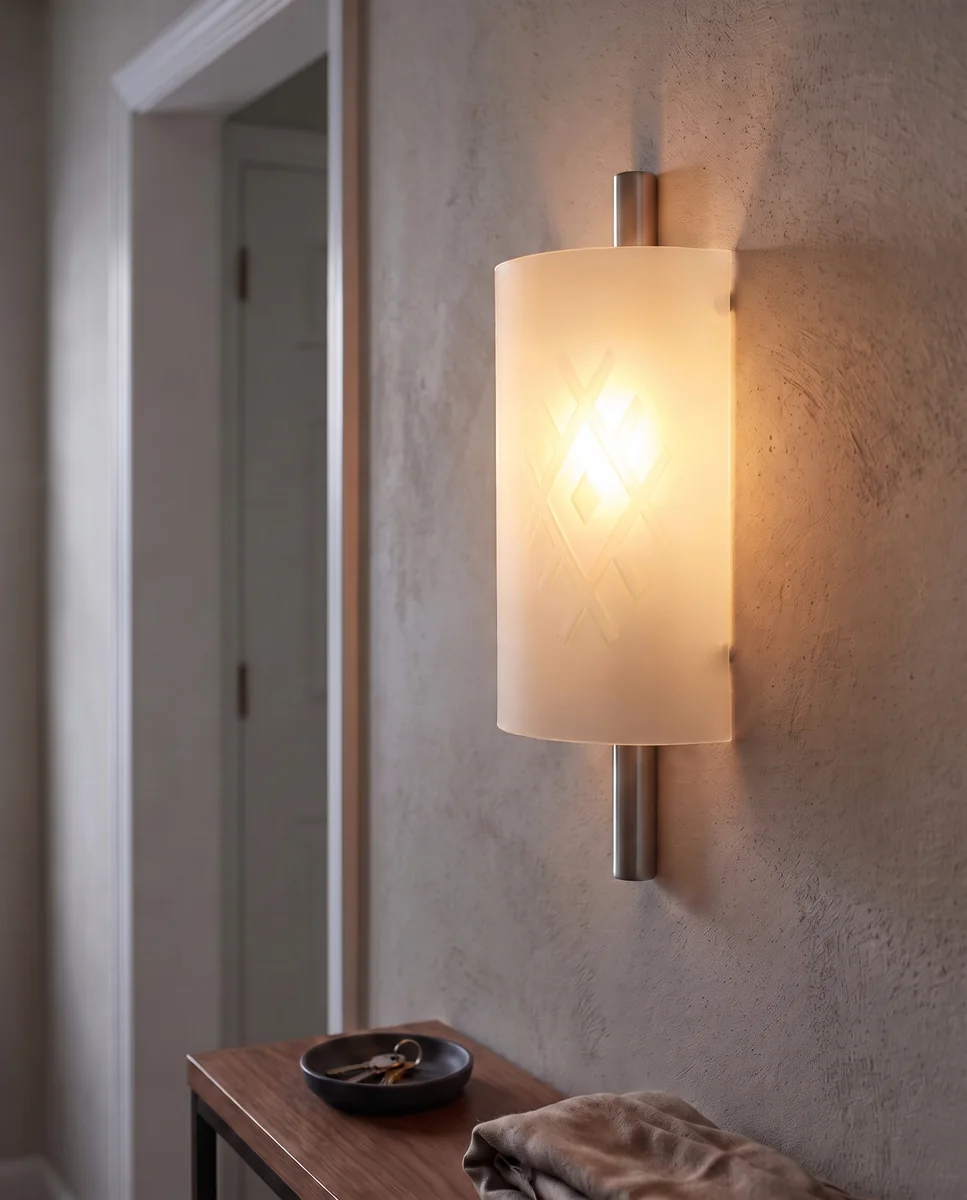 Illuminated patterned wall light above an entrance console